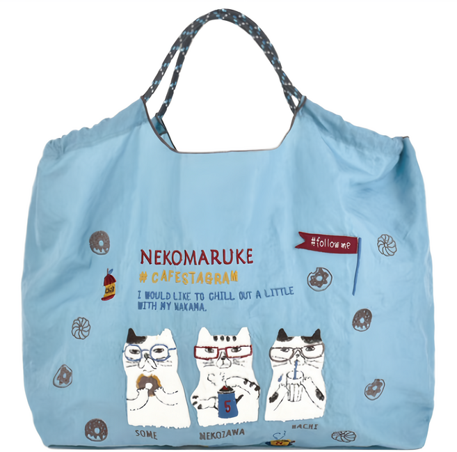 kUSUgURU JAPAN 日本眼鏡貓 NEKOMARUKE 貓丸系列 三種用法 大款肩背傘繩包/戶外輕量防潑水提袋, 藍色