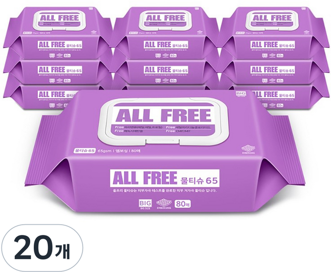 올프리 물티슈65 대용량 캡형, 80매, 20개