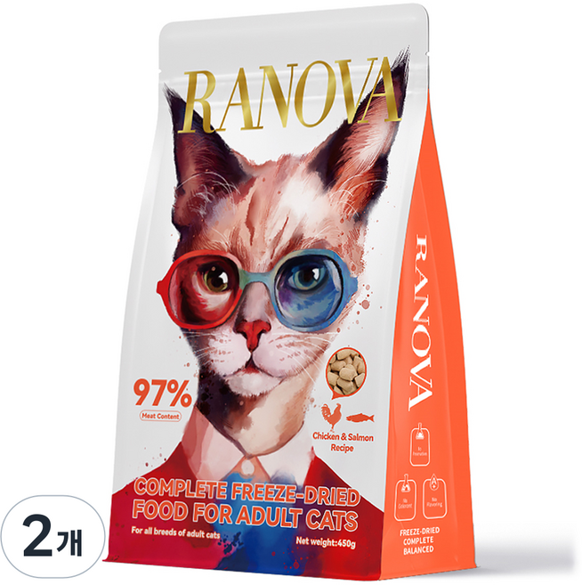 RANOVA 어덜트 고양이 동결건조 사료, 닭+연어, 450g, 2개