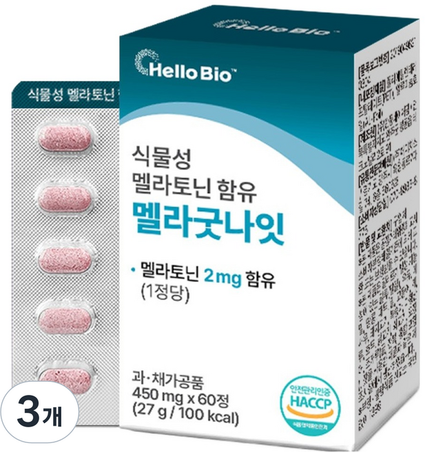 헬로바이오 식물성 멜라토닌 함유 멜라굿나잇 27g, 60정, 3개
