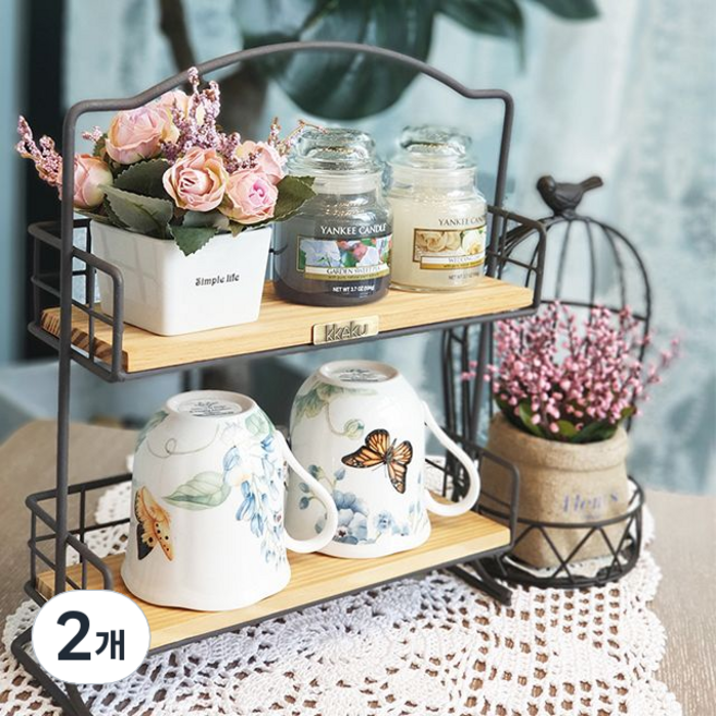 까꾸빈티지 매트 내츄럴 철재 2단 소형 수납 선반, 블랙, 2개