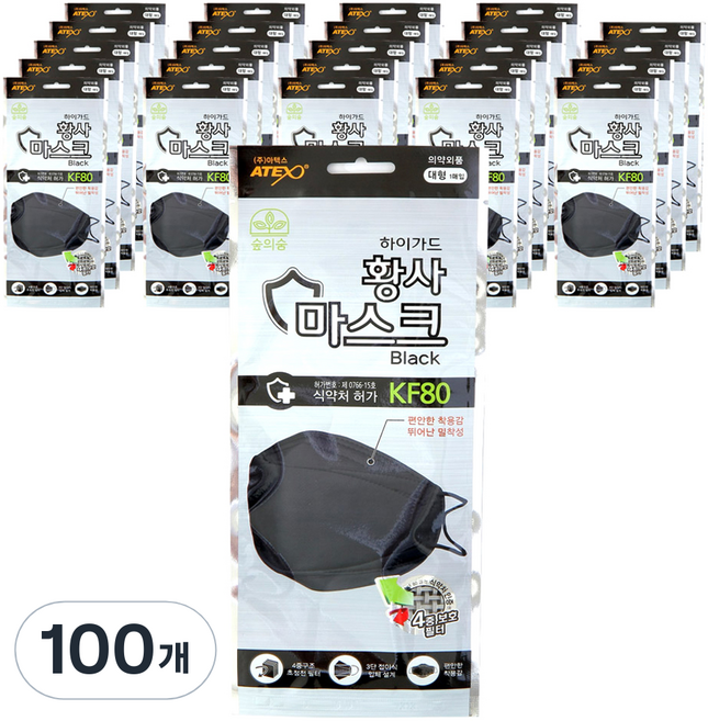 아텍스 숲의숨 하이가드 황사마스크 블랙 대형 KF80, 1매입, 100개