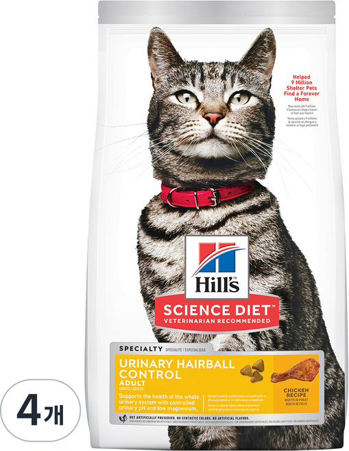 힐스사이언스다이어트 고양이 어덜트 기능성 사료, 유리너리+헤어볼, 1.58kg, 4개