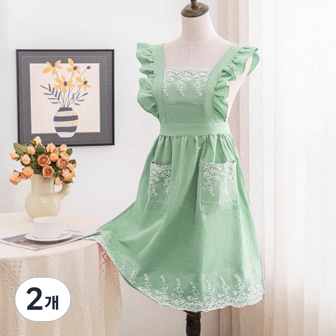 바른리빙 라플레르 프릴 앞치마 주방 카페 바리스타 앞치마, 민트, 2개