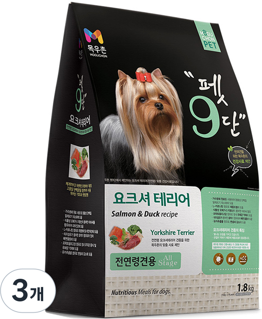 목우촌펫 펫9단 생후 2개월 이상 전연령견용 요크셔테리어 건식사료, 오리, 1.8kg, 3개