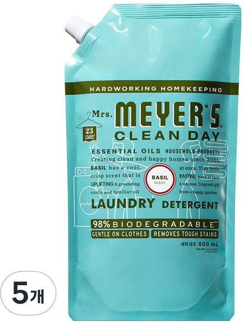 미세스마이어스클린데이 세탁세제 바질 리필, 800ml, 5개