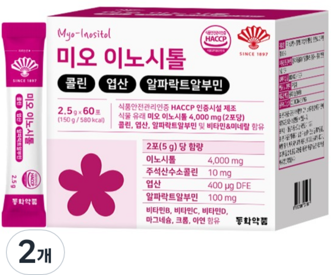동화약품 미오 이노시톨 콜린 엽산 알파락트알부민 60포, 150g, 2개