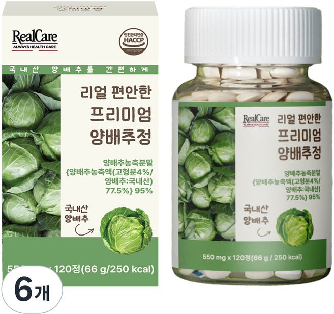 리얼케어 리얼 편안한 프리미엄 양배추정 양배추농축분말 양배추농축액, 6개, 120정