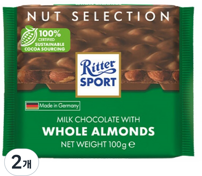 Ritter Sport 整顆杏仁巧克力, 100g, 2個