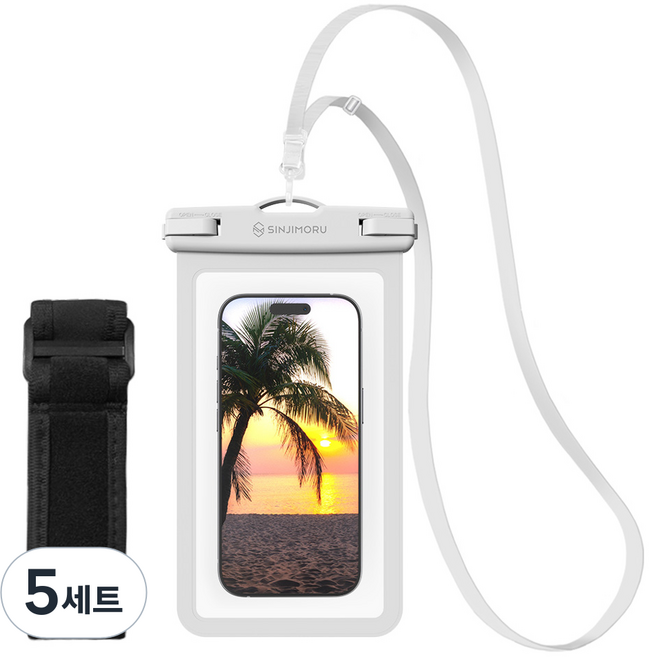 신지모루 IPX8 4중잠금 슬림 포켓 스마트폰 방수팩 + 넥스트랩 + 암밴드, 화이트, 5세트