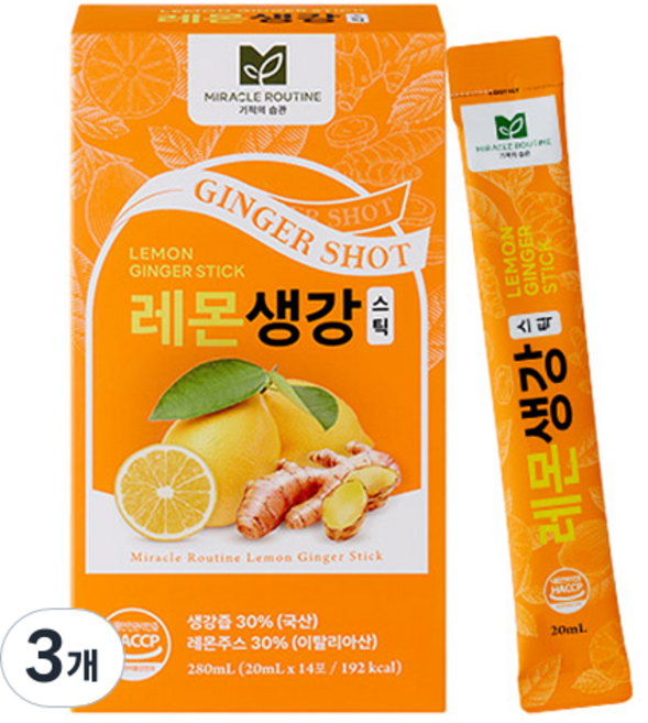 미라클루틴 진저샷 레몬생강 스틱 14p, 280ml, 3개