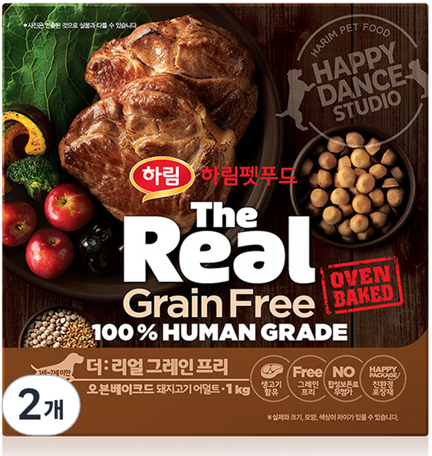 하림펫푸드 어덜트 강아지 더리얼 그레인프리 오븐베이크드 건식사료, 돼지, 1kg, 2개
