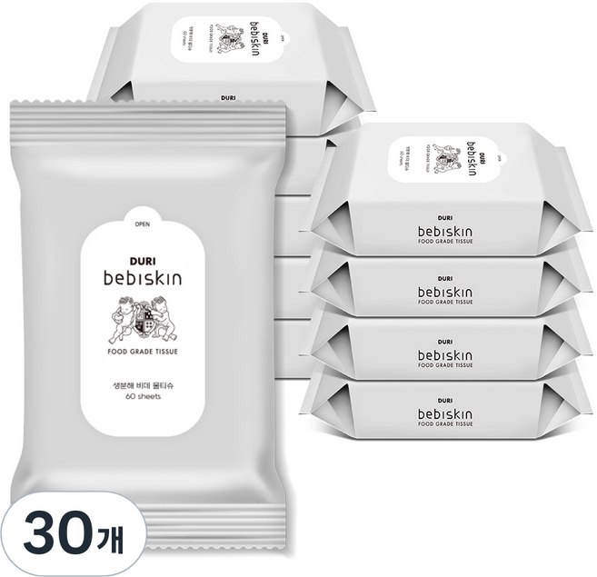 두리 베비스킨 생분해 비데 물티슈 리필형, 63g, 60개입, 30개