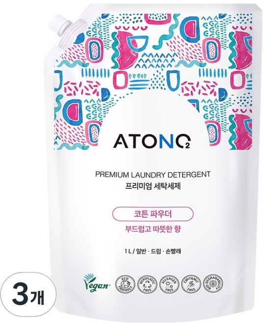 아토앤오투 프리미엄 세탁세제 리필형 코튼파우더향, 1L, 3개