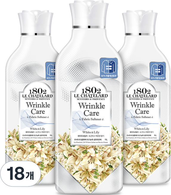 르샤트라1802 링클케어 초고농축 섬유유연제 화이트 & 릴리 본품, 1L, 18개