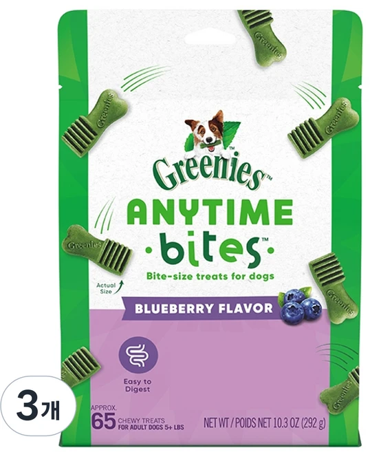 그리니즈 강아지 애니타임 바이트 간식, 블루베리, 292g, 3개 - 쿠팡
