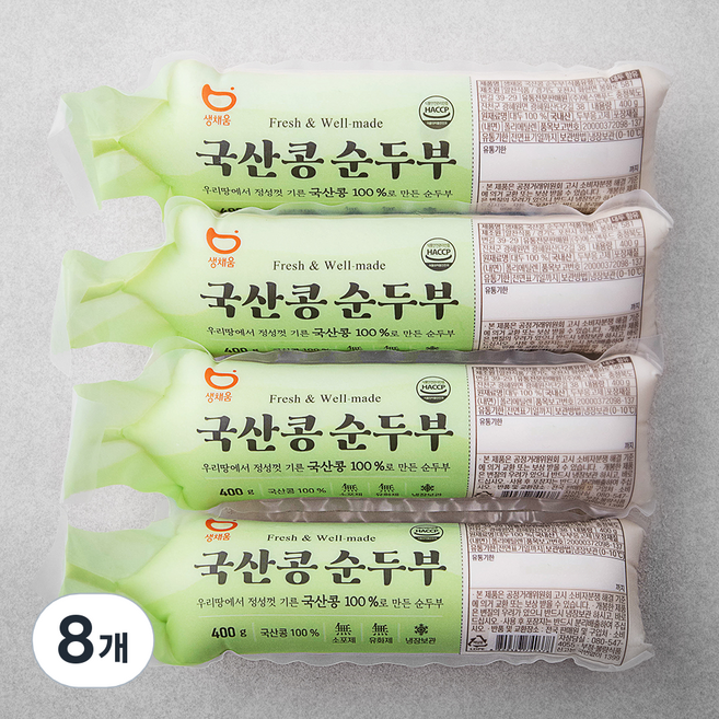 생채움 국산콩 순두부, 400g, 8개