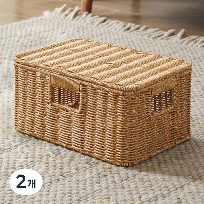 마벨인홈 뚜껑 라탄 바구니, 베이지, 2개