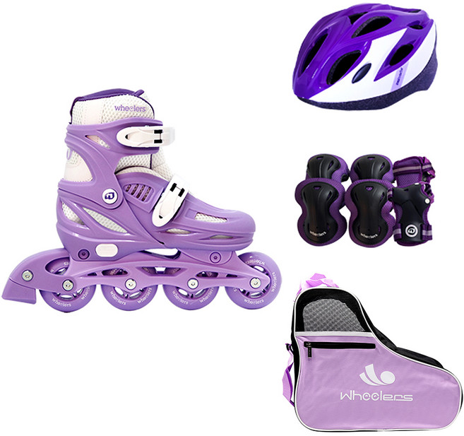 휠러스 아동용 에이스2 인라인스케이트 + 가방 + 보호대 + 헬멧 콤보 세트, 퍼플, 1세트