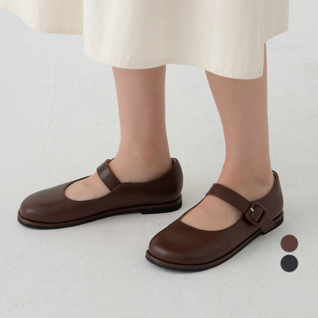 afinar 女款圓頭方扣瑪莉珍平底鞋