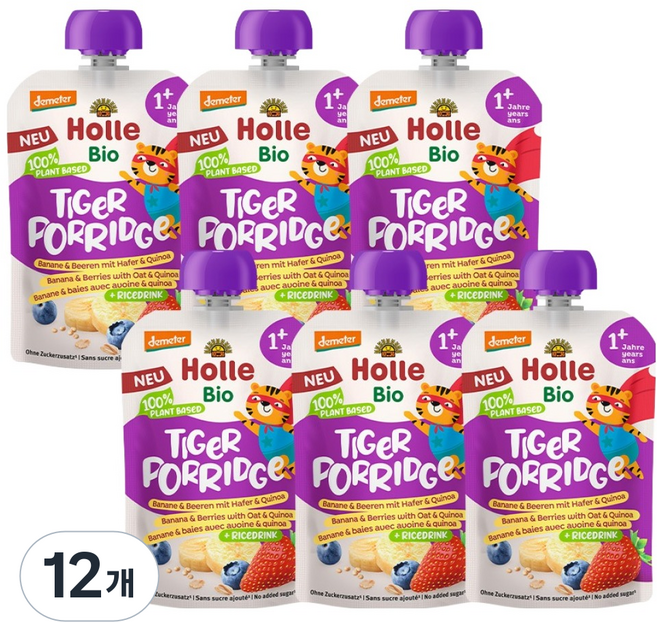 홀레 유기농 오트밀 퓨레 타이거 포리지, 혼합맛(사과/베리/오트밀), 110g, 12개