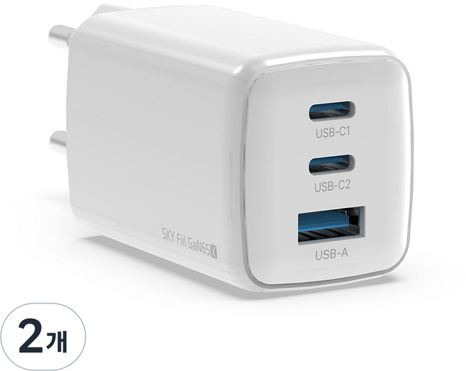 SKY 필 GaN 65X 65W 4세대 초미니 3포트 충전기, 화이트, 2개