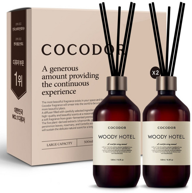 코코도르 프리미엄 디퓨저 + 섬유스틱 7p, 우디호텔, 500ml, 2개