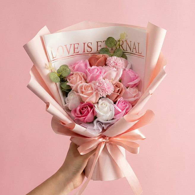 코멧 로맨틱 블룸 비누꽃 꽃다발 + 쇼핑백 세트, 핑크, 1개