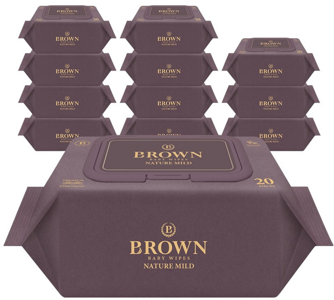 브라운 네이처 마일드 도톰한 아기 물티슈 엠보싱 휴대용 캡형, 70g, 20매, 12개