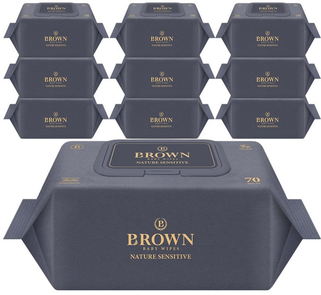 브라운 네이처 센시티브 도톰한 아기 물티슈 엠보싱 저자극 캡형, 73g, 70매, 10개