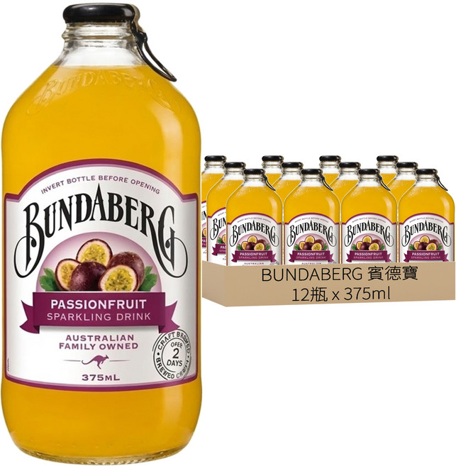 BUNDABERG 賓德寶 百香果風味氣泡飲, 375ml, 12瓶