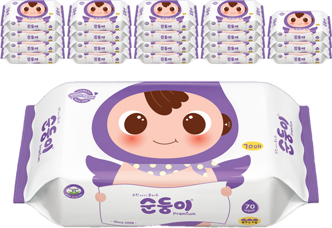 순둥이 프리미엄 엠보싱 물티슈 리필형, 65g, 70매, 20개