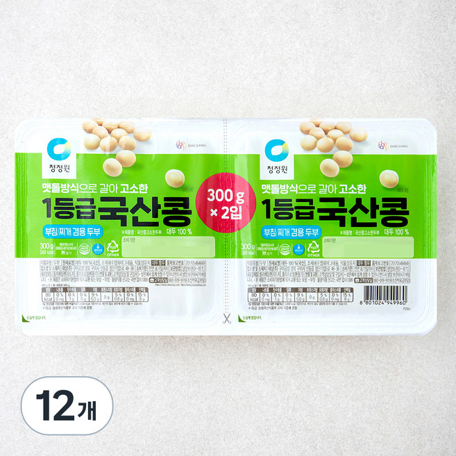 청정원 1등급 국산콩 두부 부침찌개 겸용, 300g, 12개