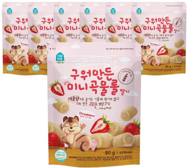 홈앤키즈 구워만든 미니곡물롤, 딸기맛, 80g, 7개