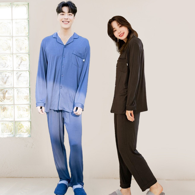 테라우드 커플용 통기성 모달 시그니처 잠옷 상하의 2세트