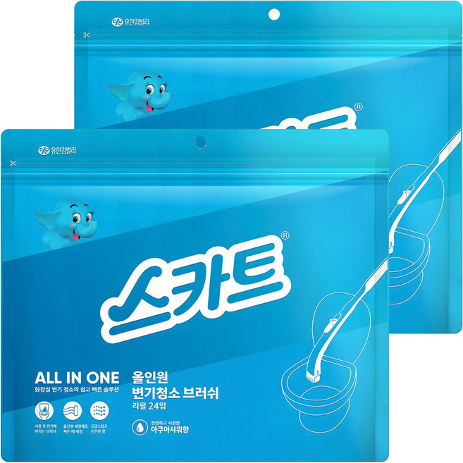 스카트 올인원 변기 청소 브러쉬 아쿠아 샤워 리필 24p, 2개