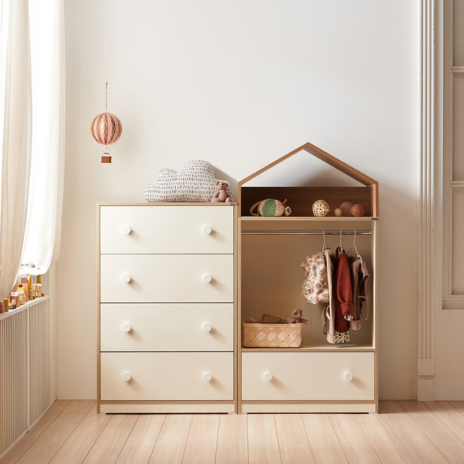 소르니아 카이 와이드 4단 서랍장+하우스 행거 옷장 세트 방문설치, 아이보리