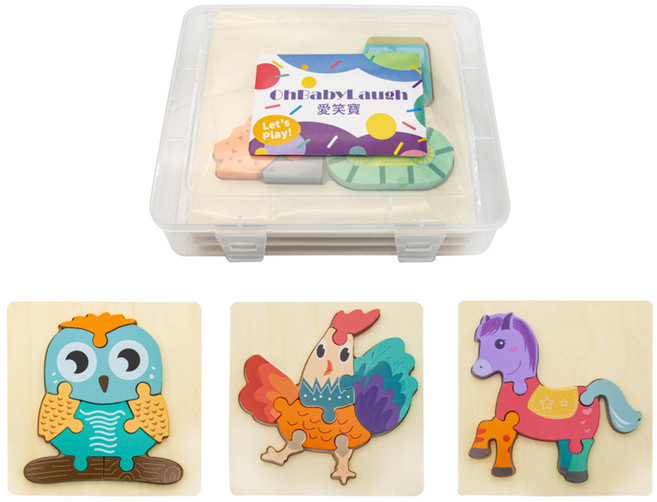 OhBabyLaugh 寶寶3D立體卡扣拼圖3件禮盒組 貓頭鷹 + 公雞 + 小馬 3歲以上, 1組