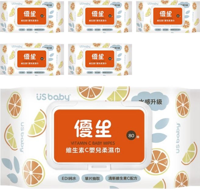 US baby 優生 維生素C嬰兒柔濕巾 清爽型 80張, 1入, 6包