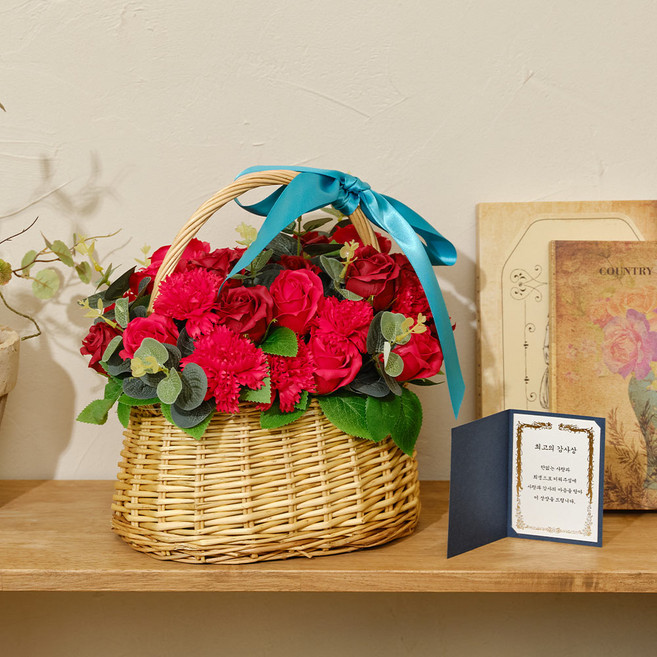 아스파시아 비누꽃 아델린 30송이 로즈 카네이션 꽃바구니 + 상장카드 세트, 레드, 1개