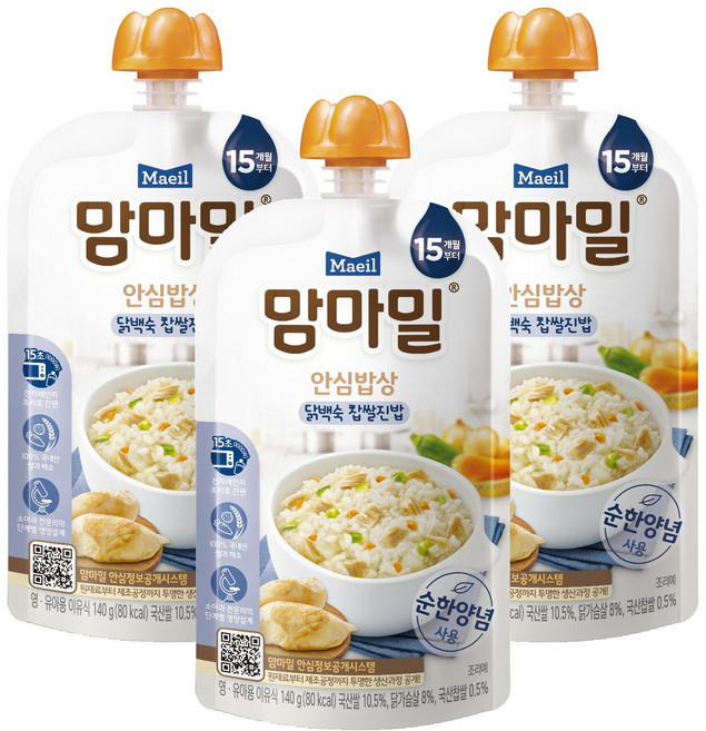 맘마밀 안심밥상 레토르트 이유식, 닭백숙 찹쌀진밥, 140g, 3개