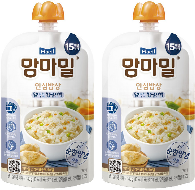 맘마밀 안심밥상 레토르트 이유식, 닭백숙 찹쌀진밥, 140g, 2개