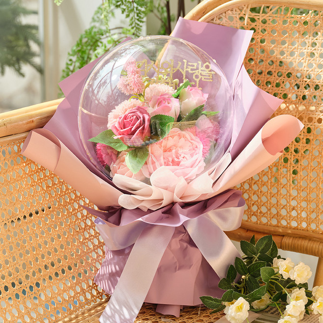 ASPASIA Delicacy 香皂花康乃馨氣球花束 + 獎狀卡 + 留言插牌 + 提袋組合, 粉紅色, 1個