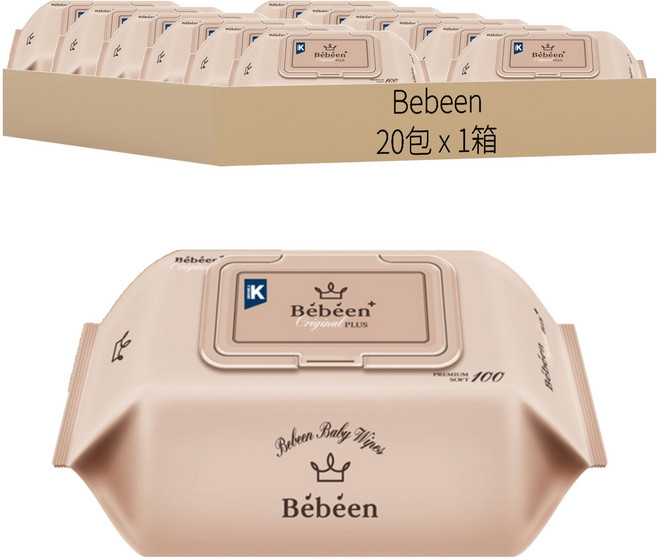 Bebeen Original Plus 嬰兒濕紙巾 掀蓋式, 55g, 100張, 20包