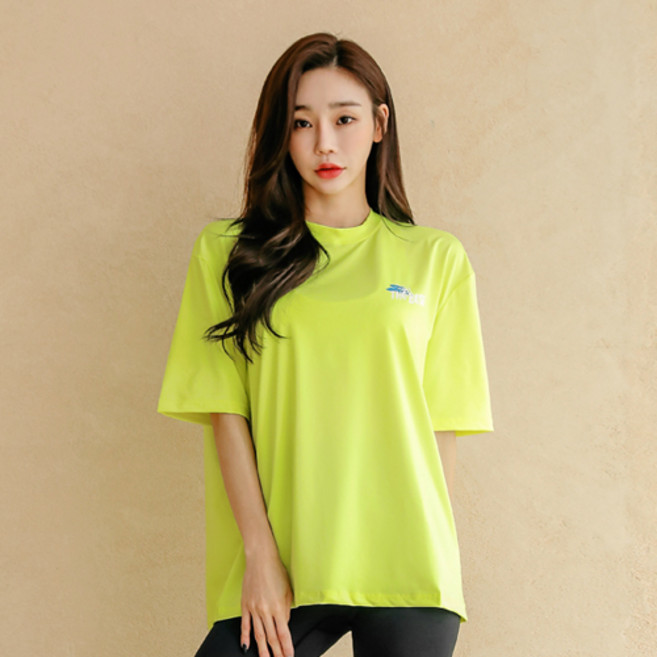 튜브트리 여성용 루즈핏 반팔 래쉬가드 상의 B6218, 형광그린