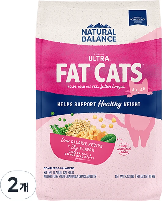 내추럴발란스 고양이 어덜트 팻캣 오리지날 울트라 레시피 건식사료, 닭+연어, 1.1kg, 2개 - 쿠팡