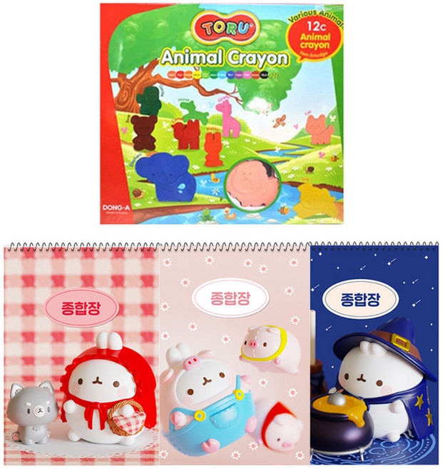 동아 토루 애니멀 크레용 + 몰랑이 두툼 종합장 3p 세트, 12색(크레용), 랜덤발송(종합장), 1세트