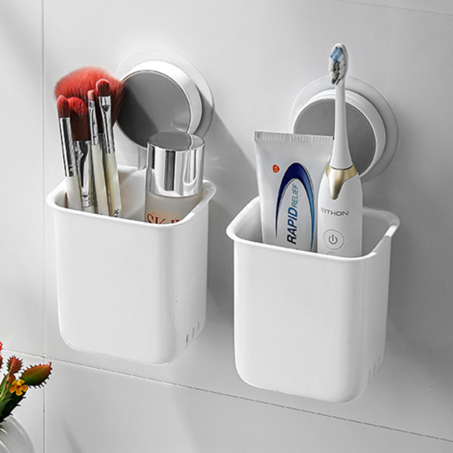 피키픽스 접착식 칫솔치약 양치도구 수납함, 2개, 화이트 + 그레이