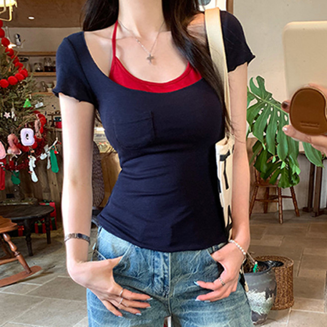 어썸풀 여성용 러블러프 딥 U넥 슬림 반팔 티셔츠 A26SMT022022