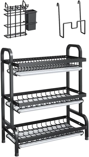 德利生活 多功能碗碟收納置物架 廚房碗盤瀝水架 精選碳鋼材質 無塵烤漆 安全防鏽, 3層, 黑色, 1組